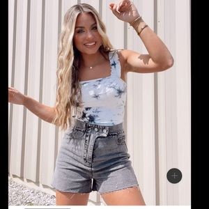 White Grey Tie Dye Ribbed Ruffle Bodysuit